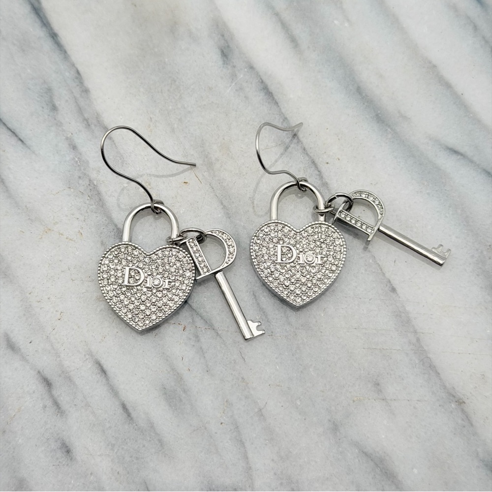 CHRISTIAN DIOR PAVÉ HEART & KEY DROP EARRINGS – SILVER TONE